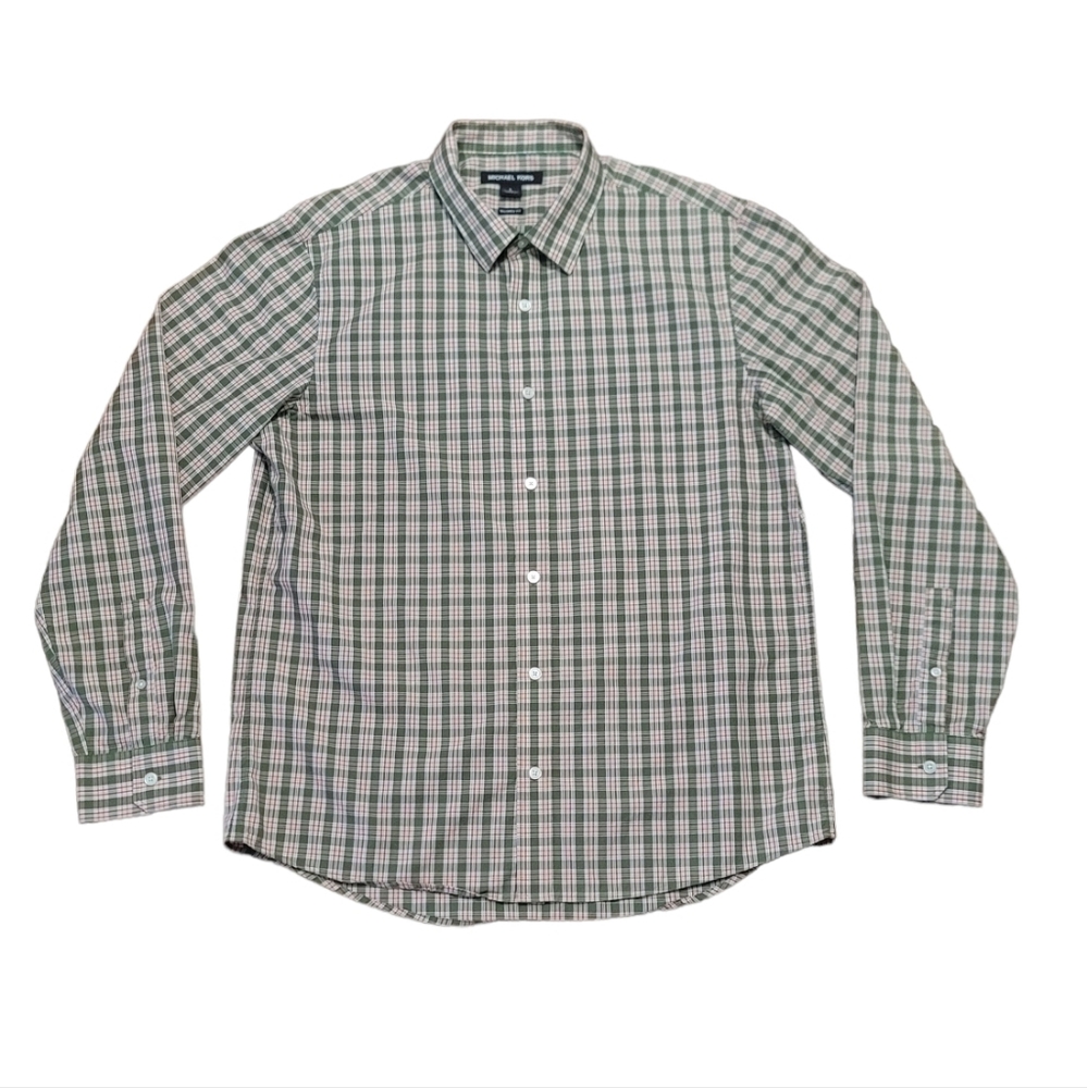 Michael Kors Tailored Fit Size Large Pink Brown Plaid Dress Shirt